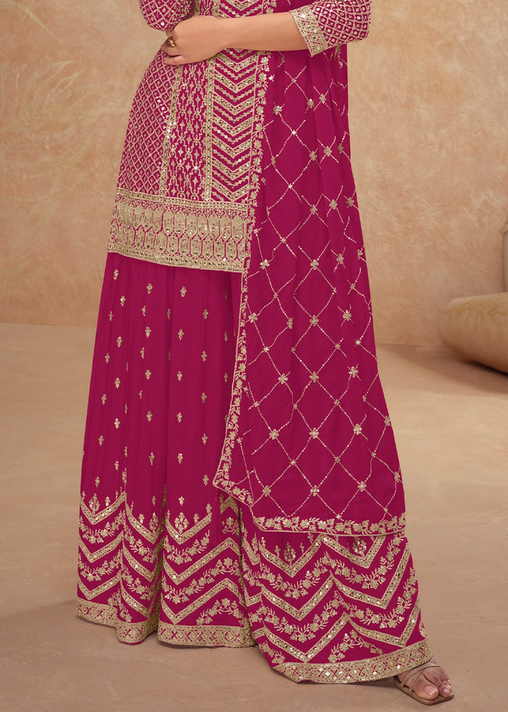 Magenta Pink Palazzo Suit with Delicate Embroidery on Luxurious Chinon Silk Fabric