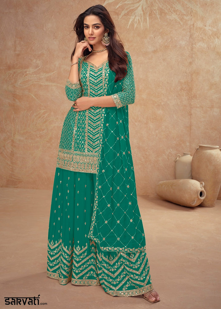 Teal Blue Palazzo Suit with Delicate Embroidery on Luxurious Chinon Silk Fabric