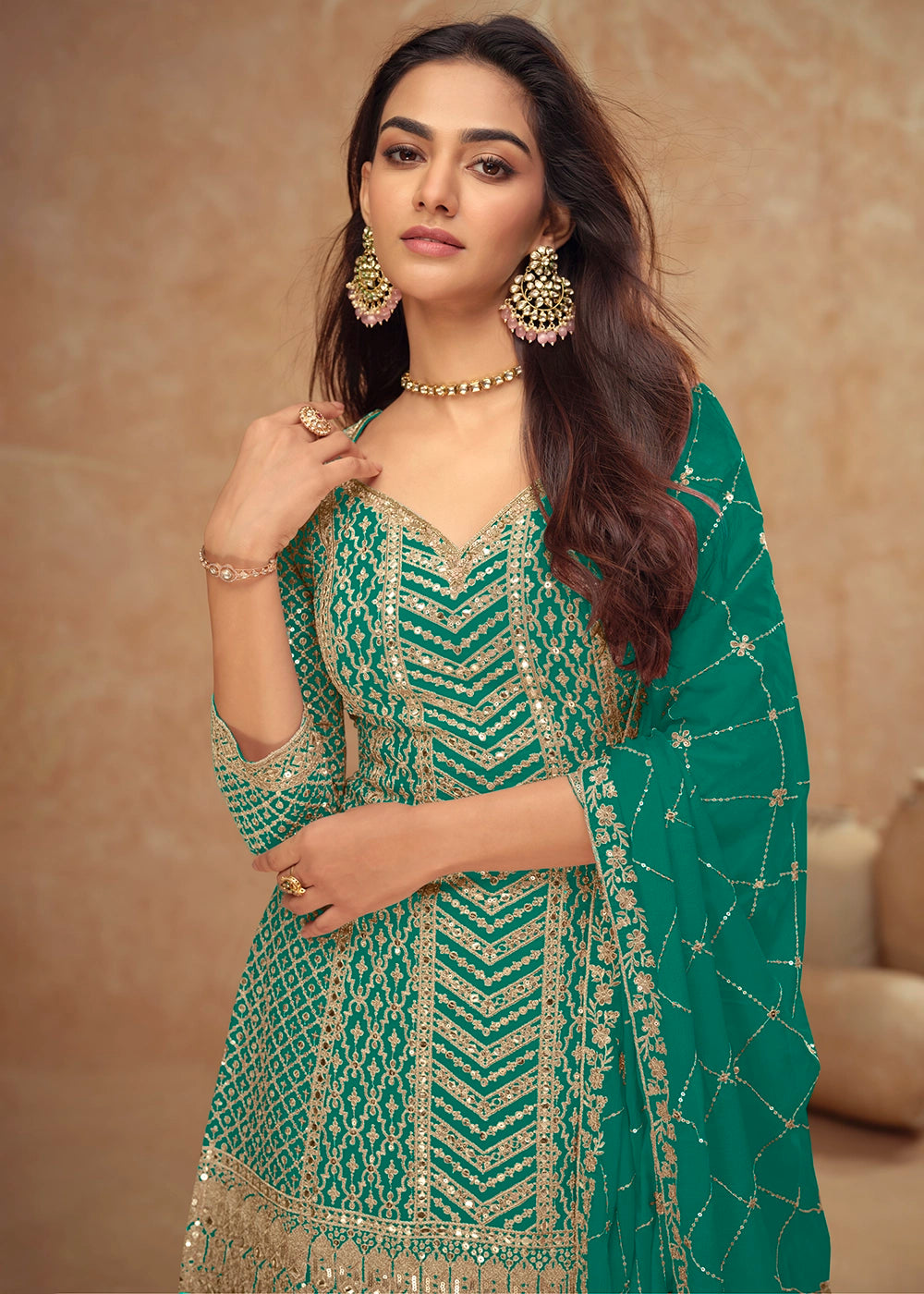 Teal Blue Palazzo Suit with Delicate Embroidery on Luxurious Chinon Silk Fabric