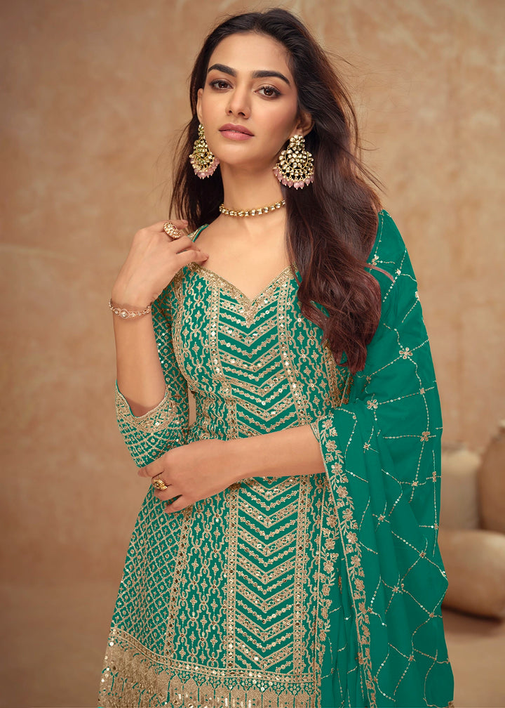 Teal Blue Palazzo Suit with Delicate Embroidery on Luxurious Chinon Silk Fabric