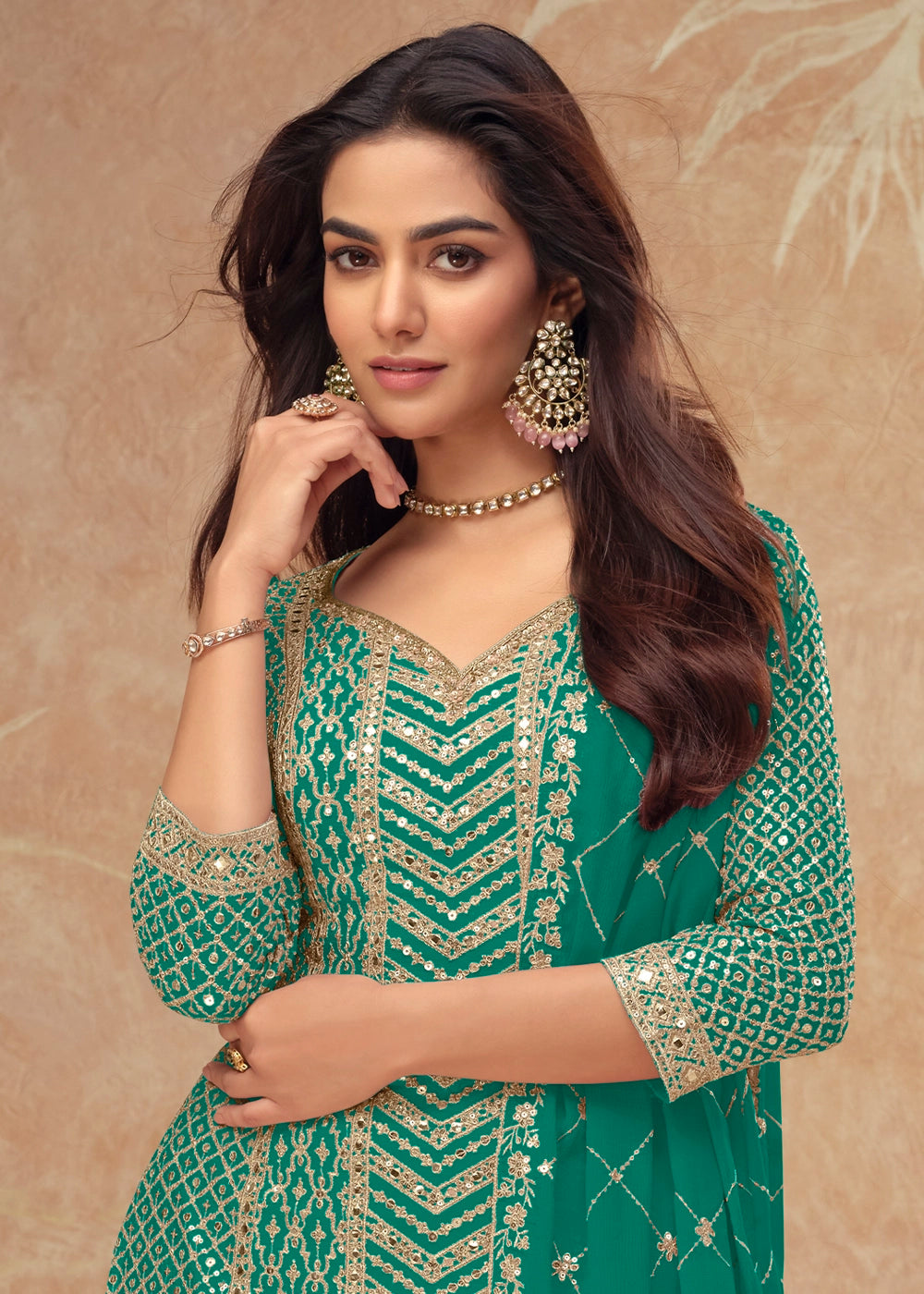 Teal Blue Palazzo Suit with Delicate Embroidery on Luxurious Chinon Silk Fabric