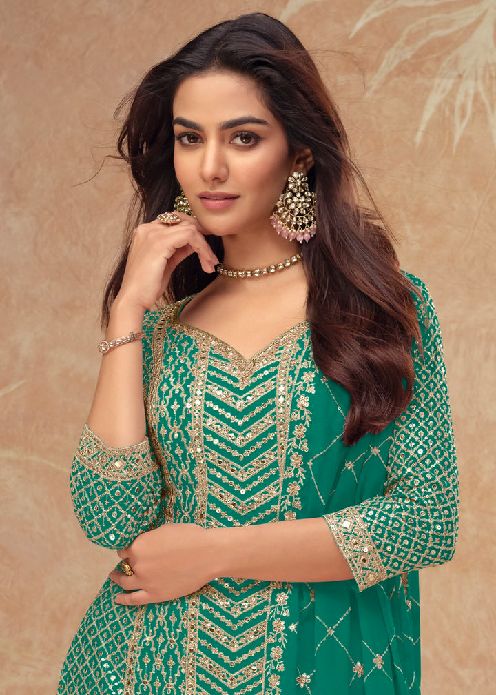 Teal Blue Palazzo Suit with Delicate Embroidery on Luxurious Chinon Silk Fabric