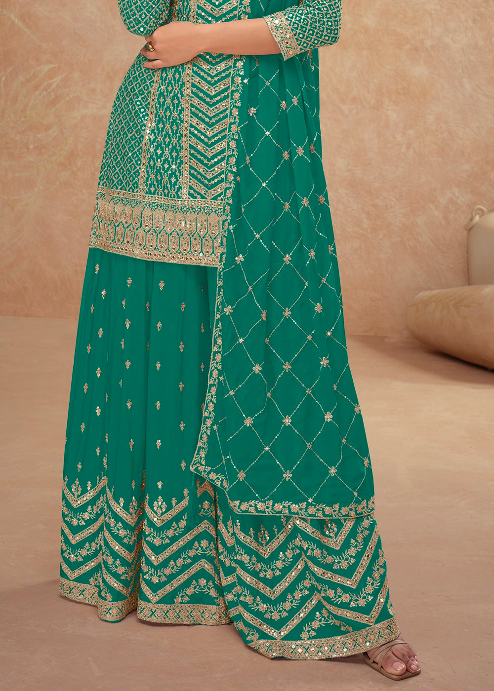 Teal Blue Palazzo Suit with Delicate Embroidery on Luxurious Chinon Silk Fabric