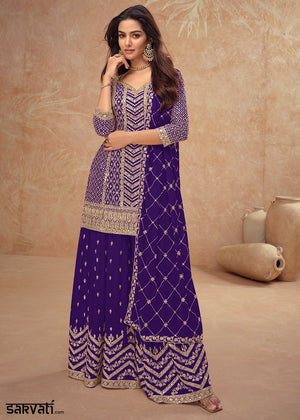 Indigo Purple Palazzo Suit with Delicate Embroidery on Luxurious Chinon Silk Fabric