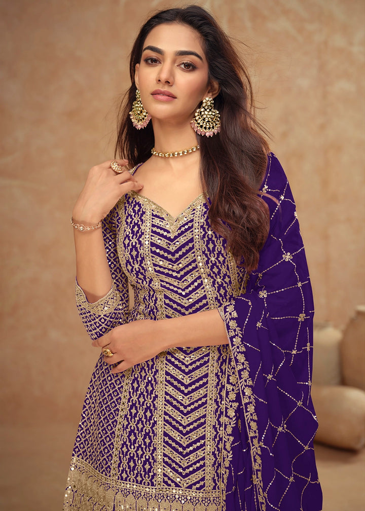 Indigo Purple Palazzo Suit with Delicate Embroidery on Luxurious Chinon Silk Fabric