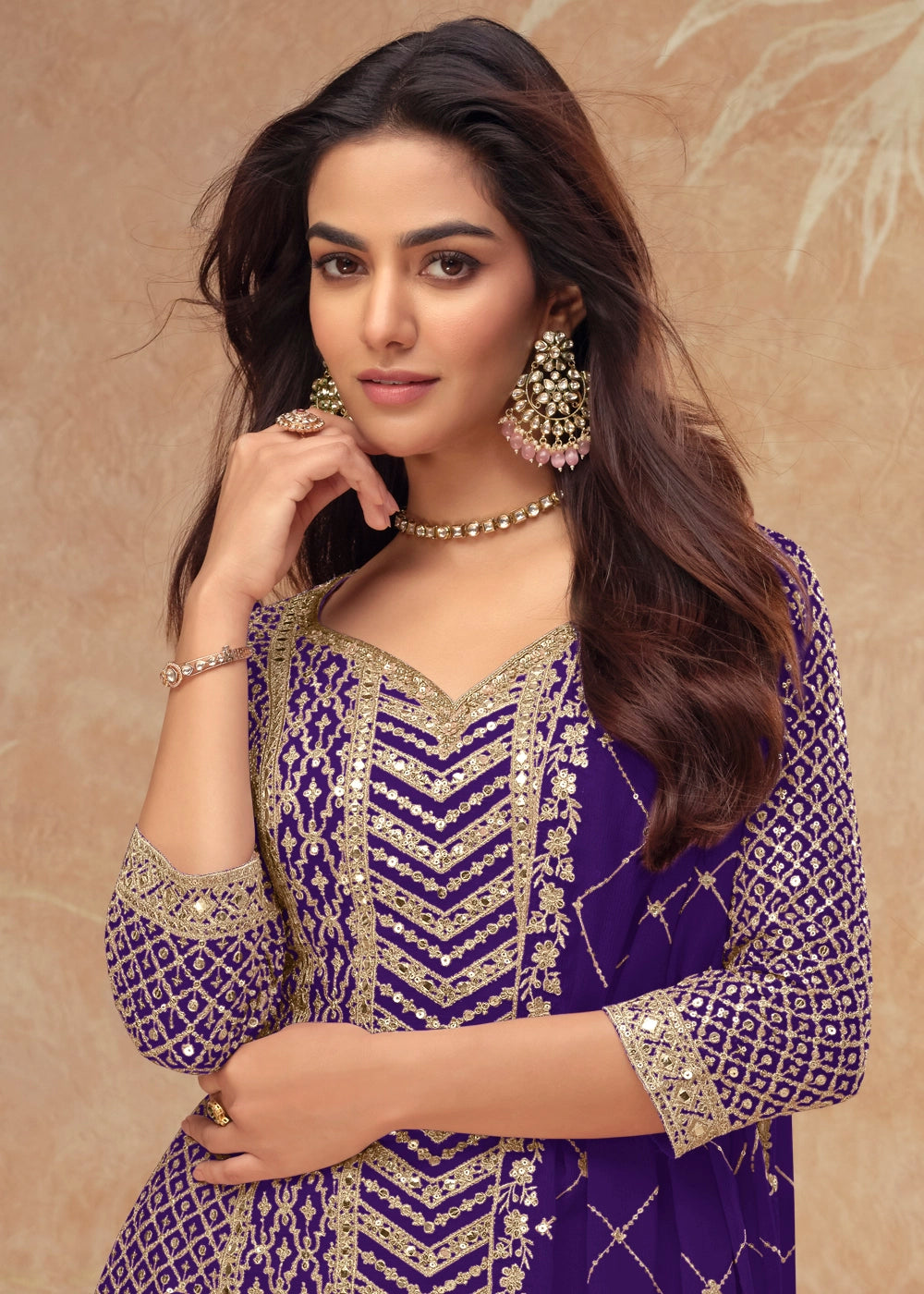 Indigo Purple Palazzo Suit with Delicate Embroidery on Luxurious Chinon Silk Fabric