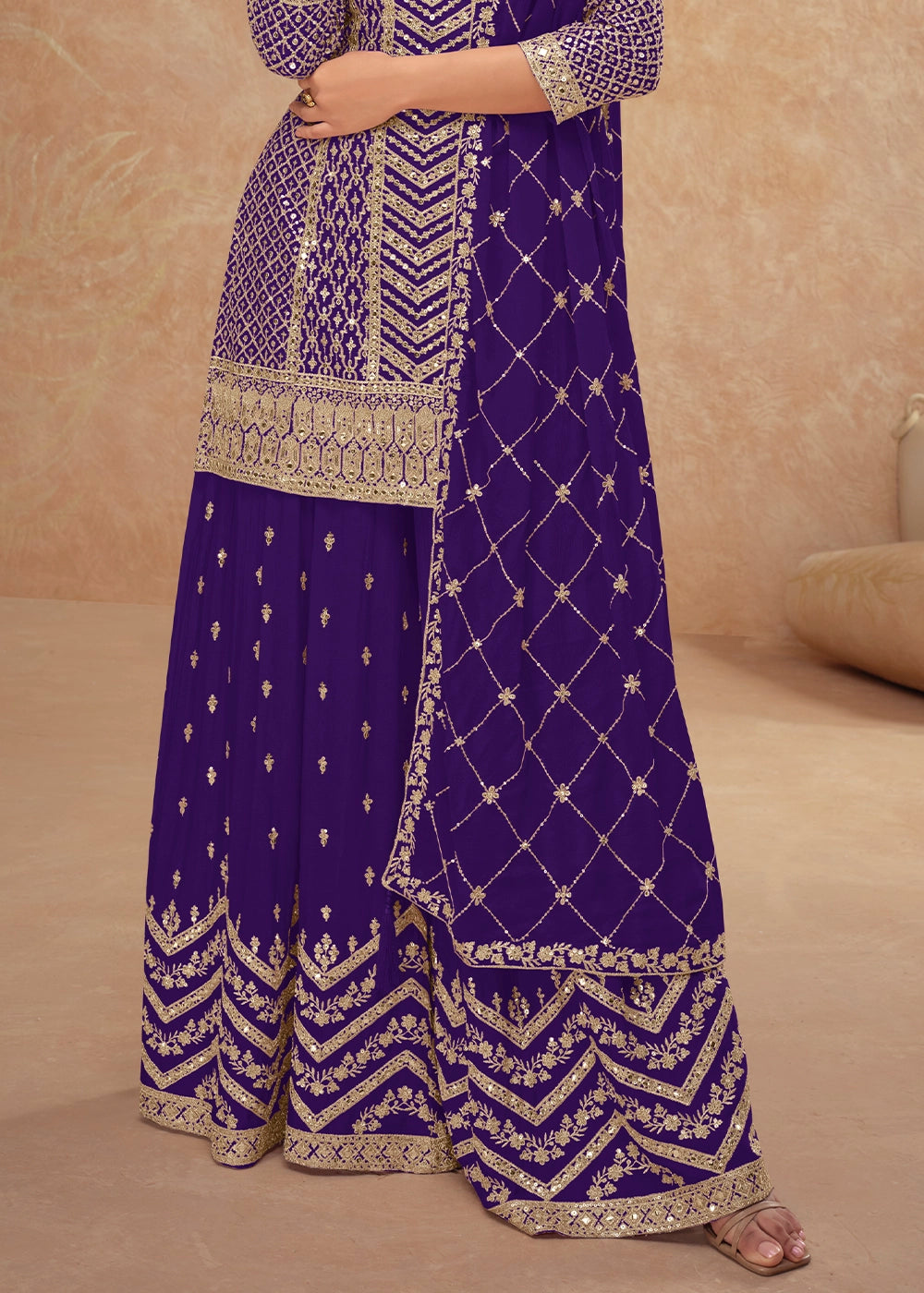 Indigo Purple Palazzo Suit with Delicate Embroidery on Luxurious Chinon Silk Fabric