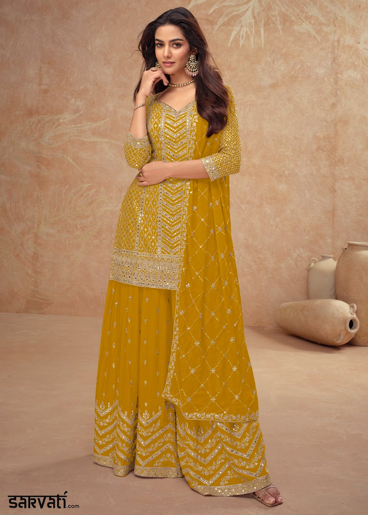 Mustard Yellow Palazzo Suit with Delicate Embroidery on Luxurious Chinon Silk Fabric