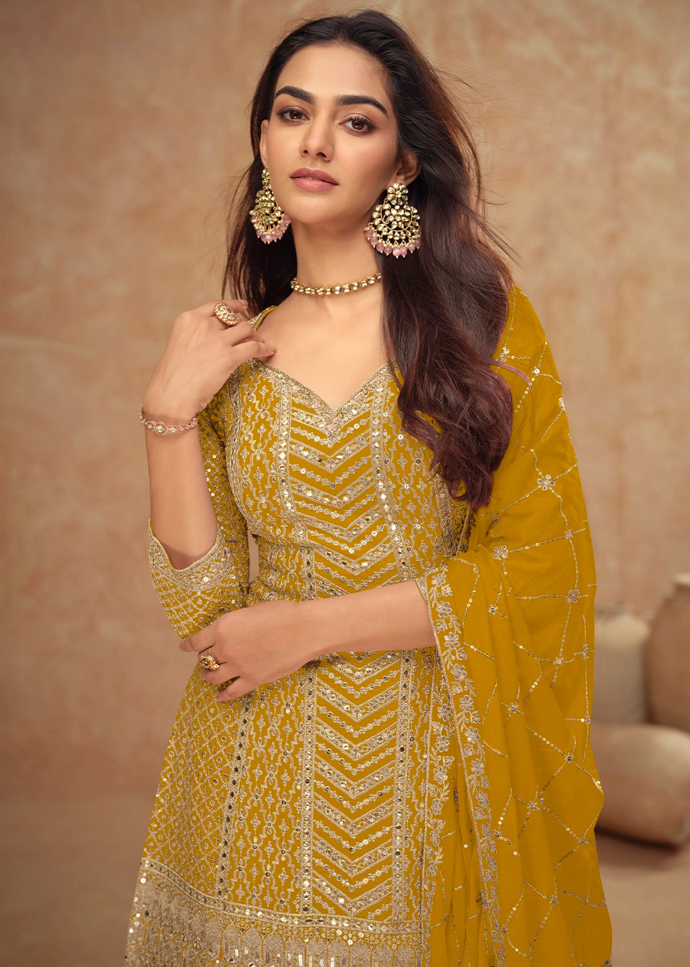 Mustard Yellow Palazzo Suit with Delicate Embroidery on Luxurious Chinon Silk Fabric