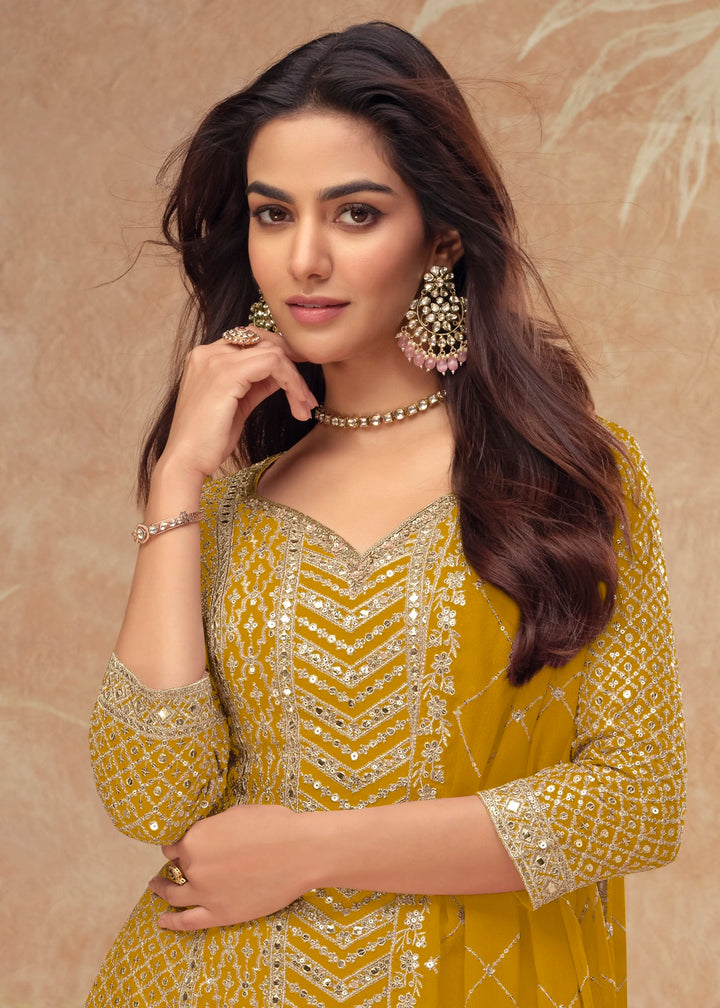 Mustard Yellow Palazzo Suit with Delicate Embroidery on Luxurious Chinon Silk Fabric