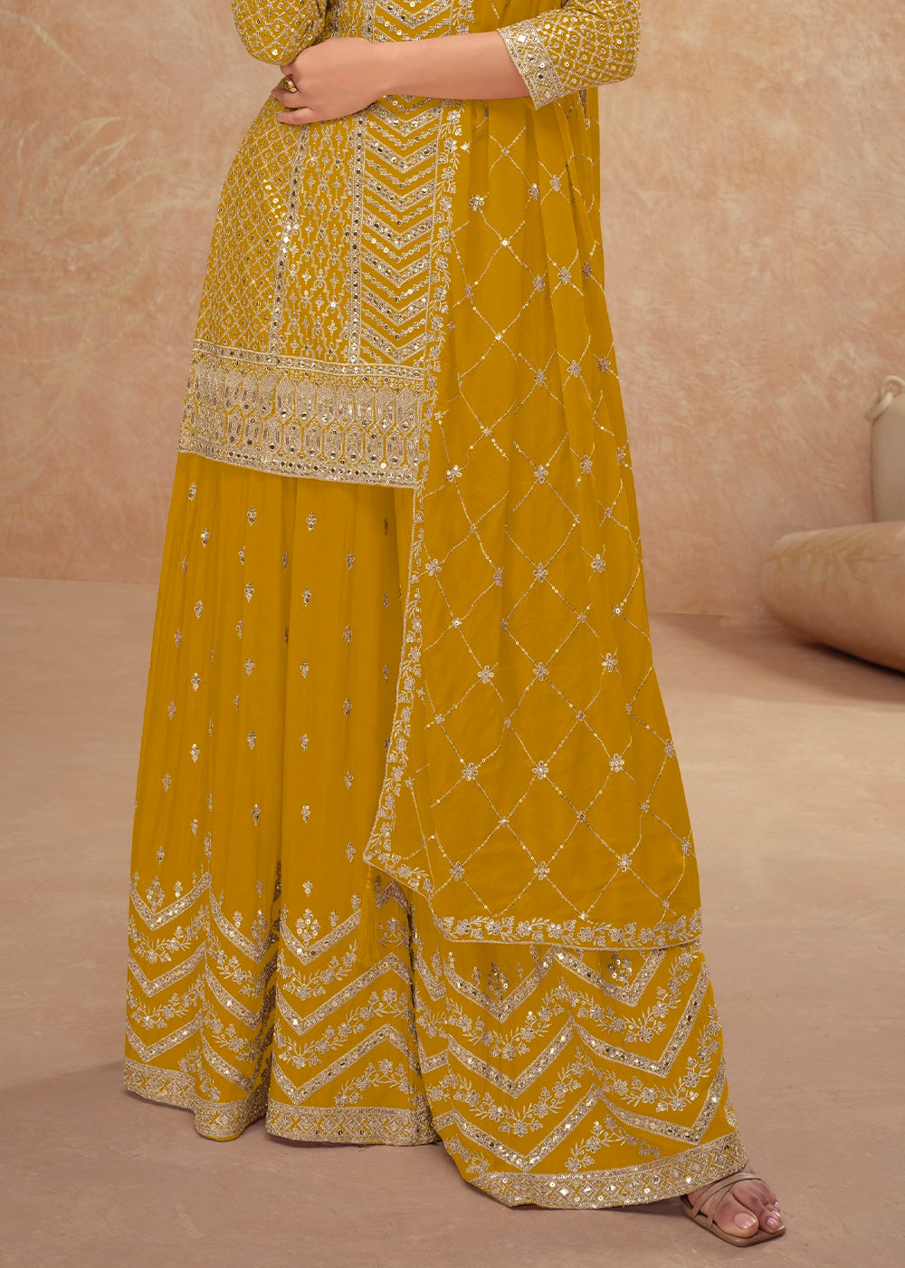 Mustard Yellow Palazzo Suit with Delicate Embroidery on Luxurious Chinon Silk Fabric