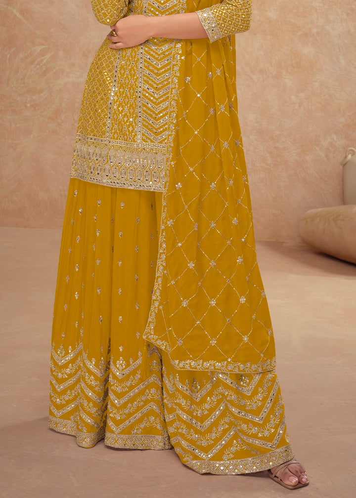 Mustard Yellow Palazzo Suit with Delicate Embroidery on Luxurious Chinon Silk Fabric