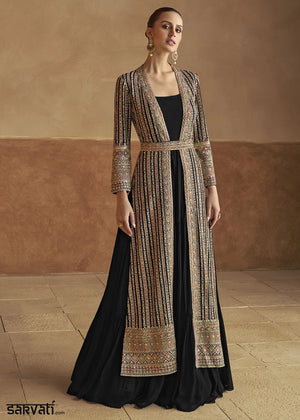 Onyx Black Georgette Anarkali Dress with Embroidered Jacket