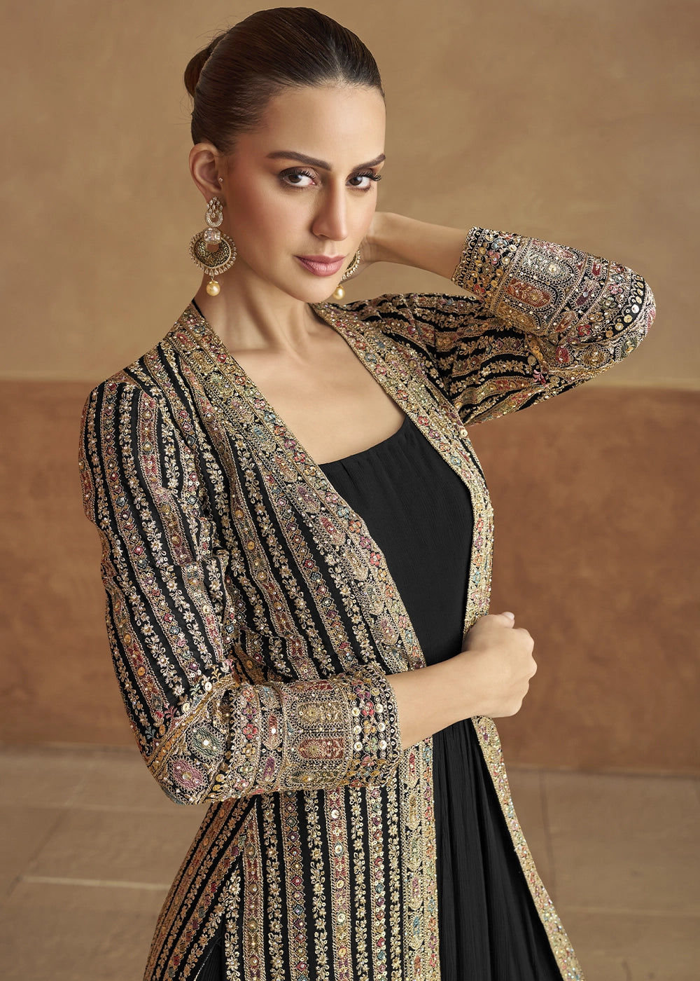 Onyx Black Georgette Anarkali Dress with Embroidered Jacket