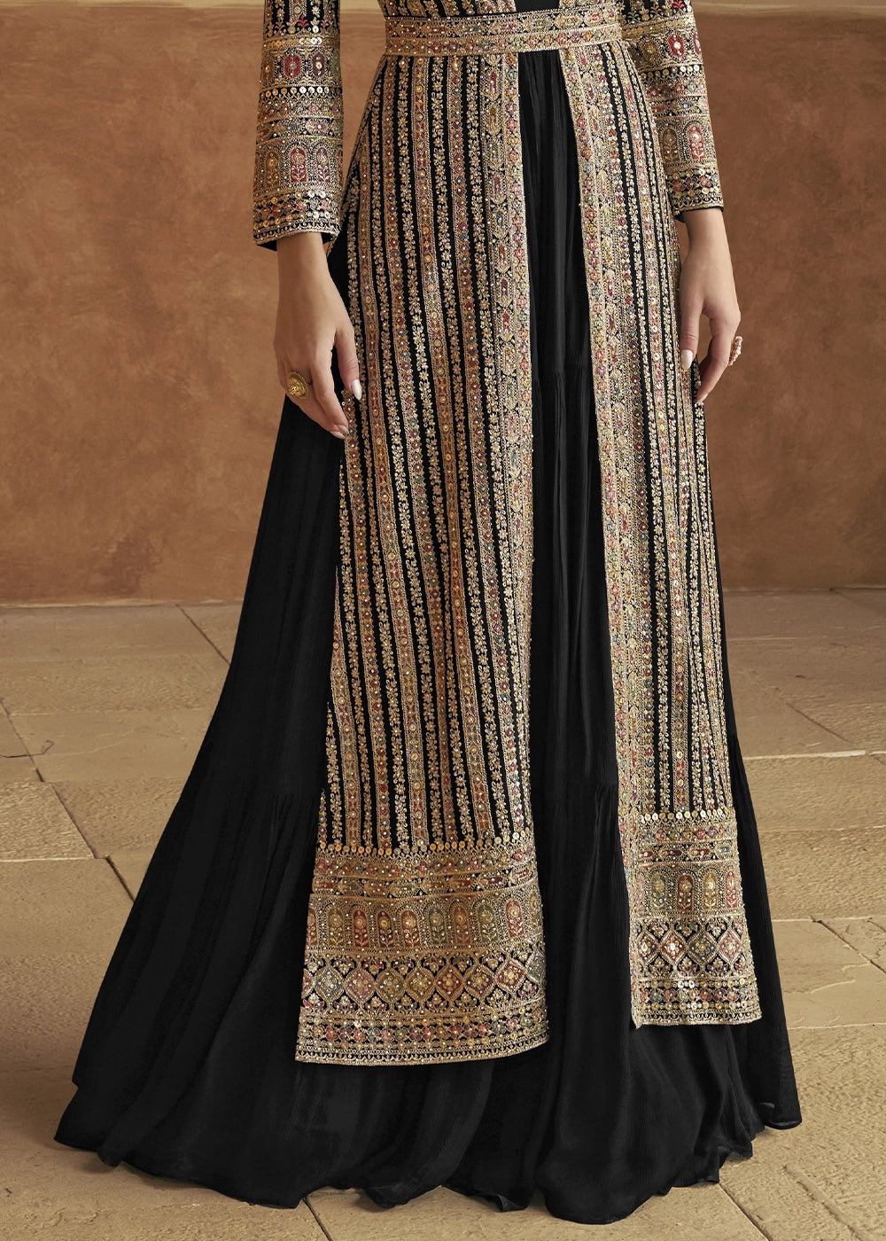 Onyx Black Georgette Anarkali Dress with Embroidered Jacket