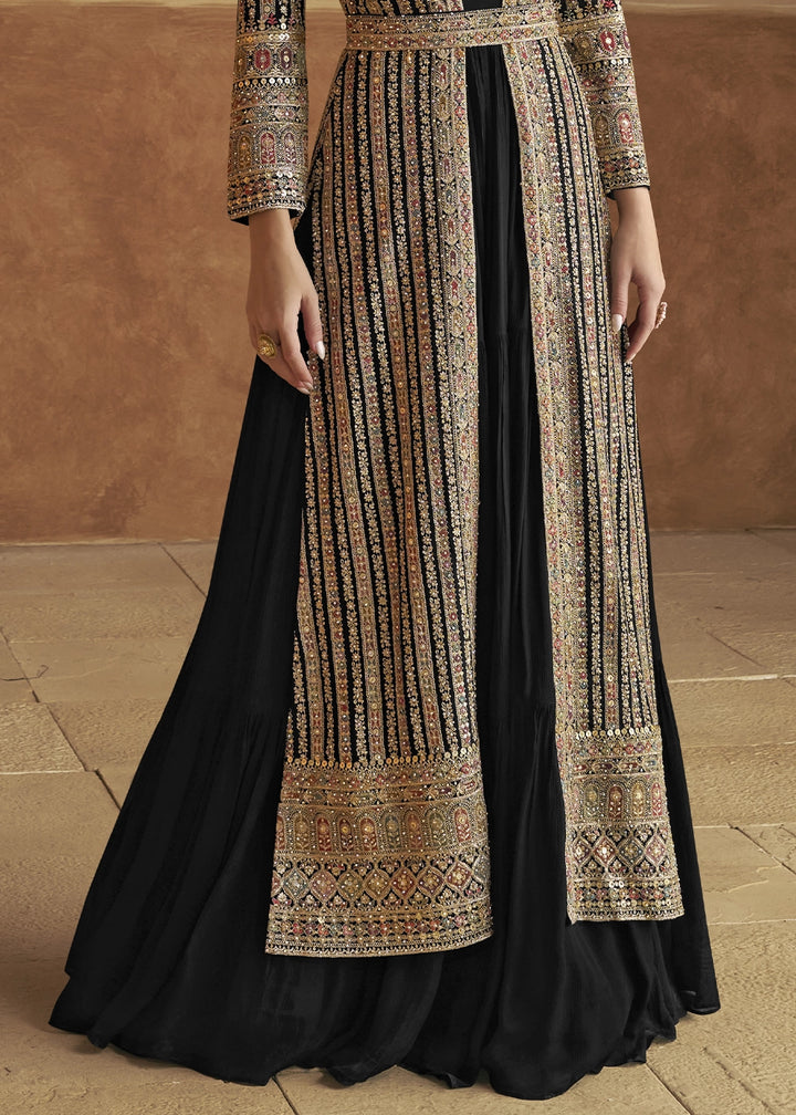 Onyx Black Georgette Anarkali Dress with Embroidered Jacket