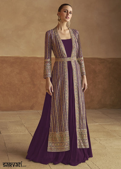 Byzantium Purple Georgette Anarkali Dress with Embroidered Jacket