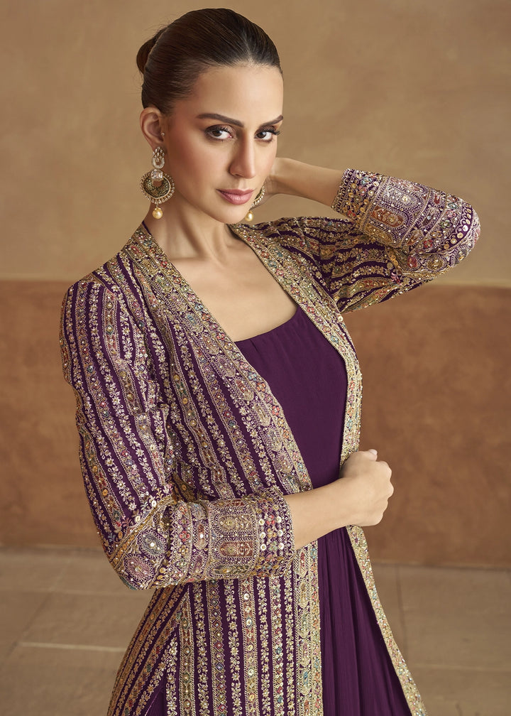 Byzantium Purple Georgette Anarkali Dress with Embroidered Jacket