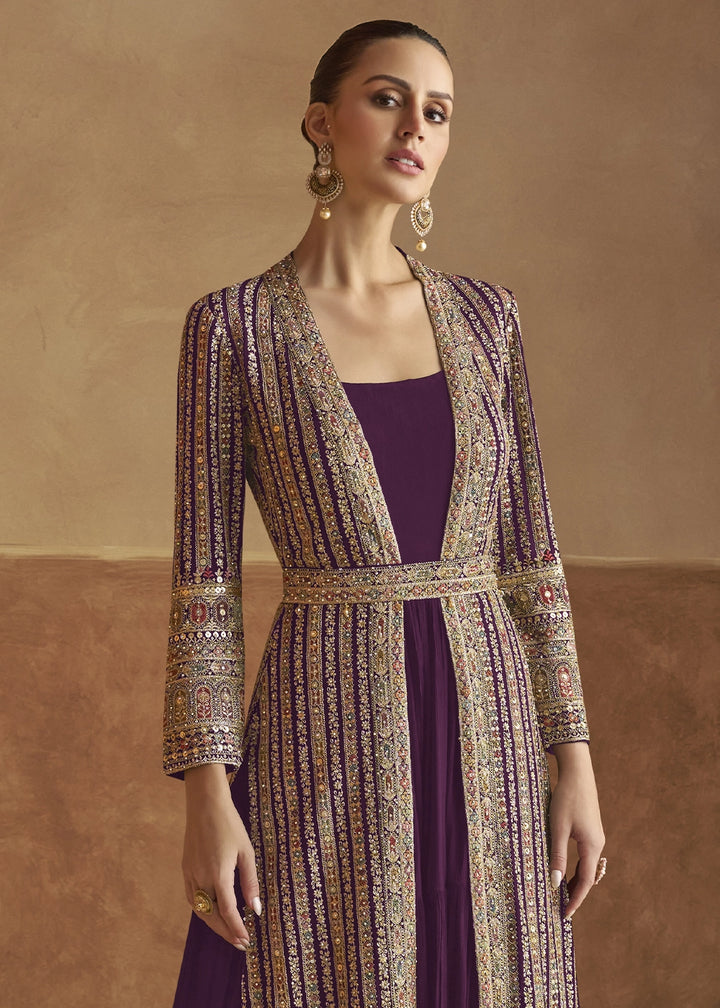 Byzantium Purple Georgette Anarkali Dress with Embroidered Jacket
