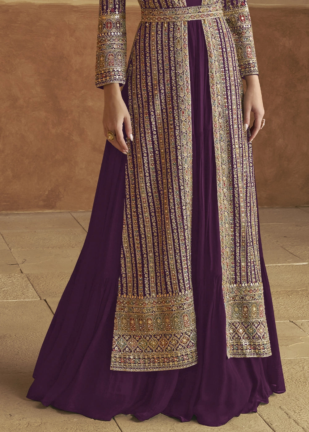 Byzantium Purple Georgette Anarkali Dress with Embroidered Jacket