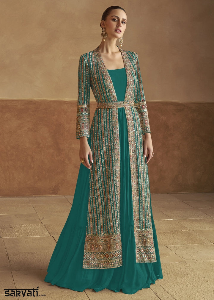 Dark Cyan Green Georgette Anarkali Dress with Embroidered Jacket