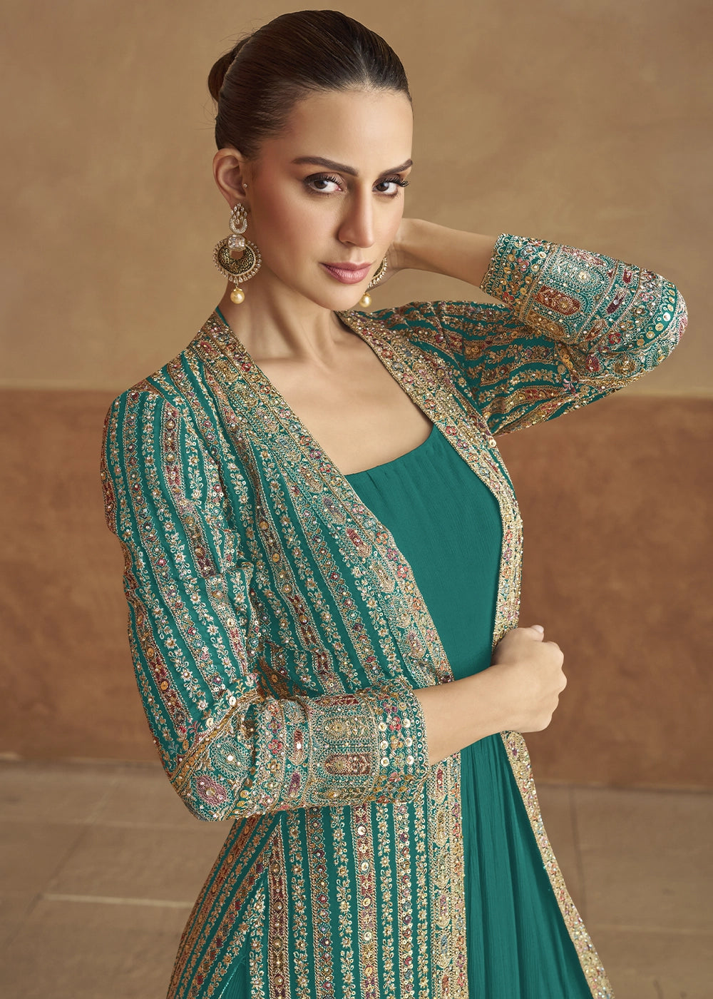 Dark Cyan Green Georgette Anarkali Dress with Embroidered Jacket