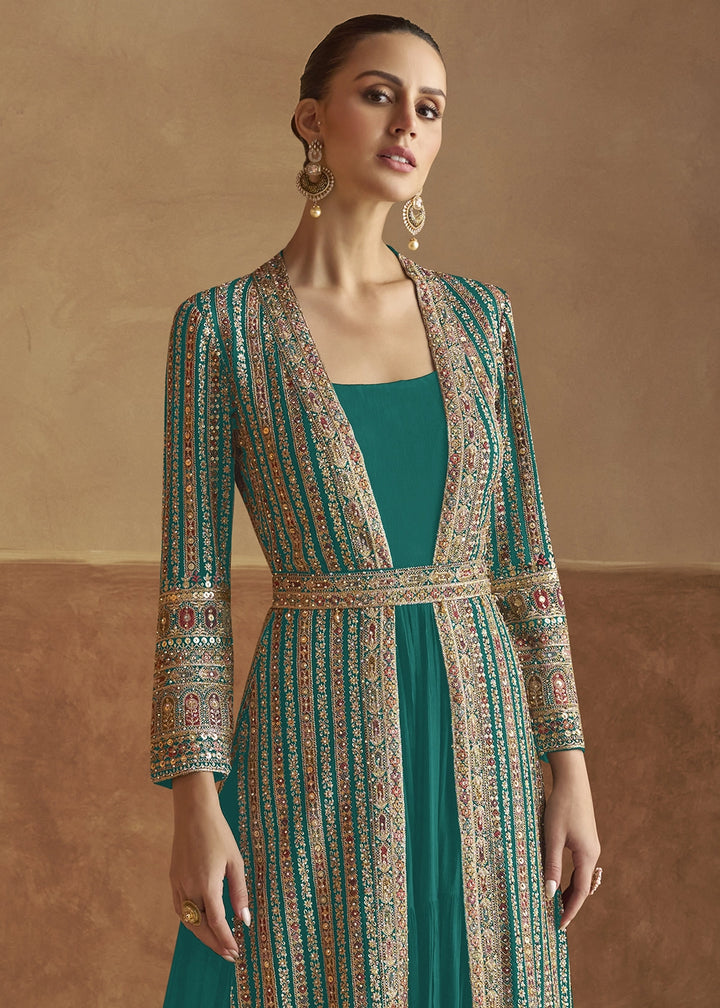 Dark Cyan Green Georgette Anarkali Dress with Embroidered Jacket