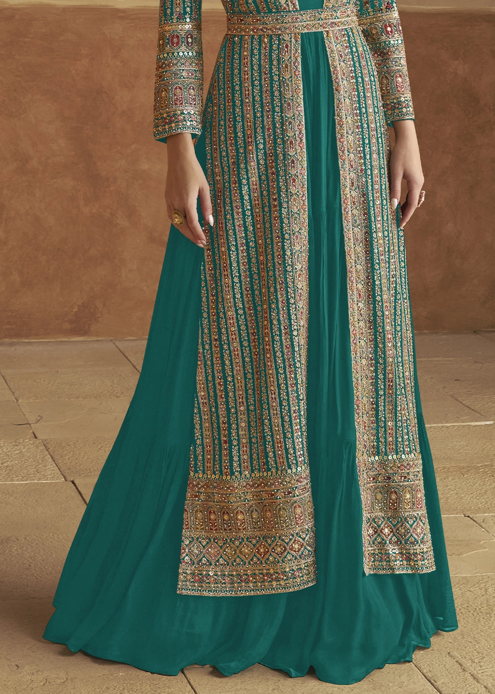 Dark Cyan Green Georgette Anarkali Dress with Embroidered Jacket