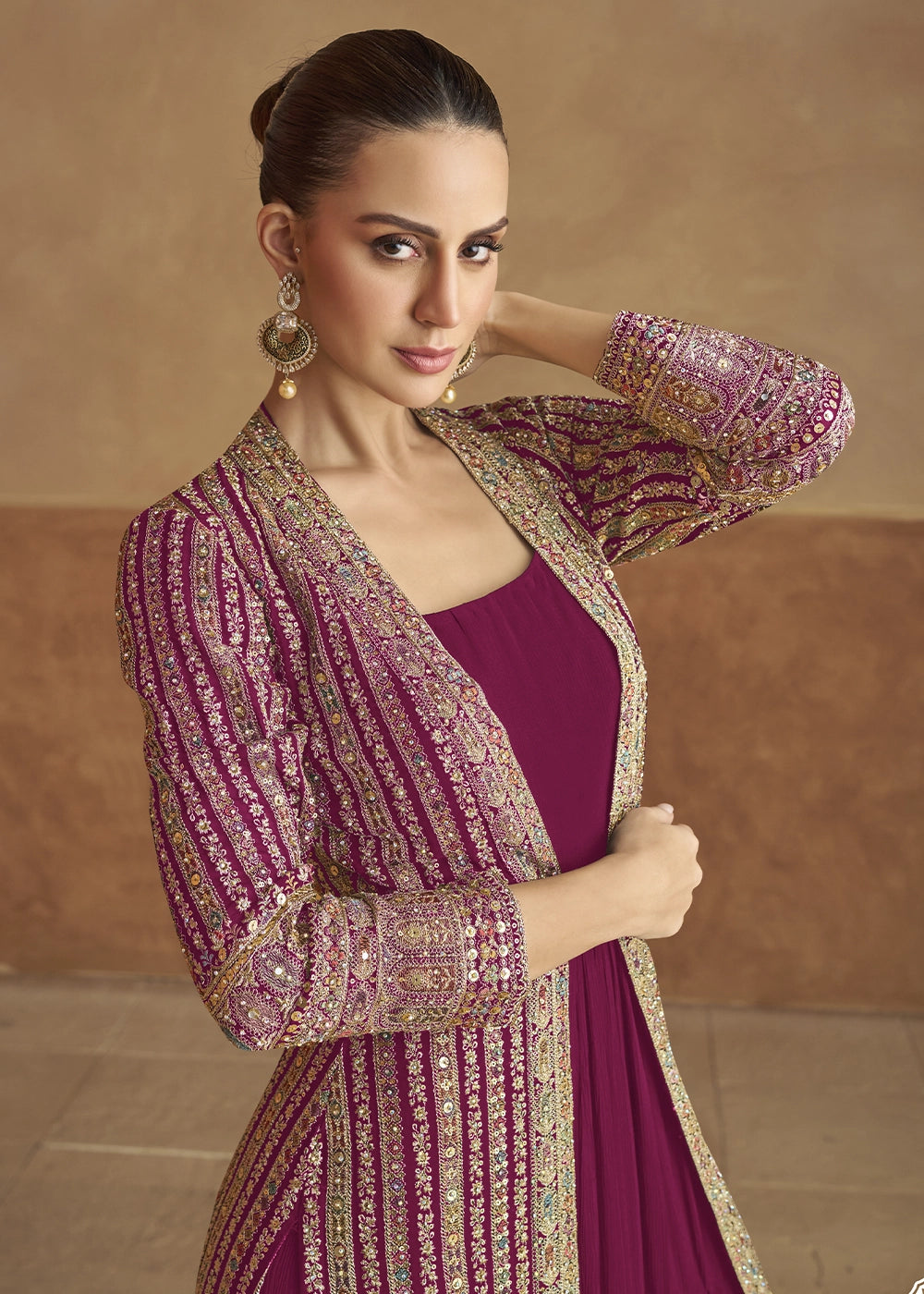 Ruby Pink Georgette Anarkali Dress with Embroidered Jacket