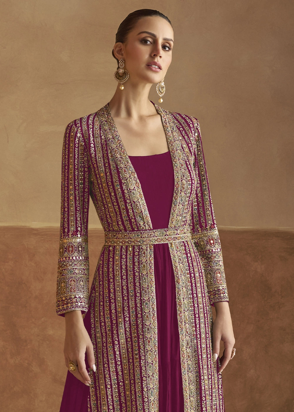 Ruby Pink Georgette Anarkali Dress with Embroidered Jacket