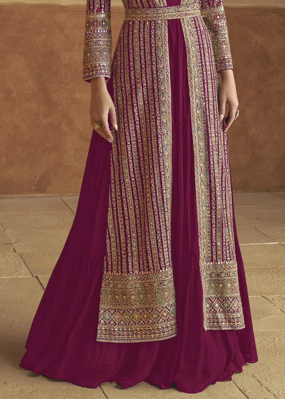 Ruby Pink Georgette Anarkali Dress with Embroidered Jacket