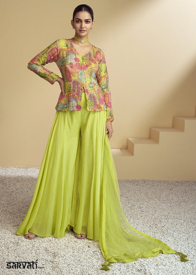 Lime Green Chinon Silk Palazzo Suit with Floral Print & Embroidery