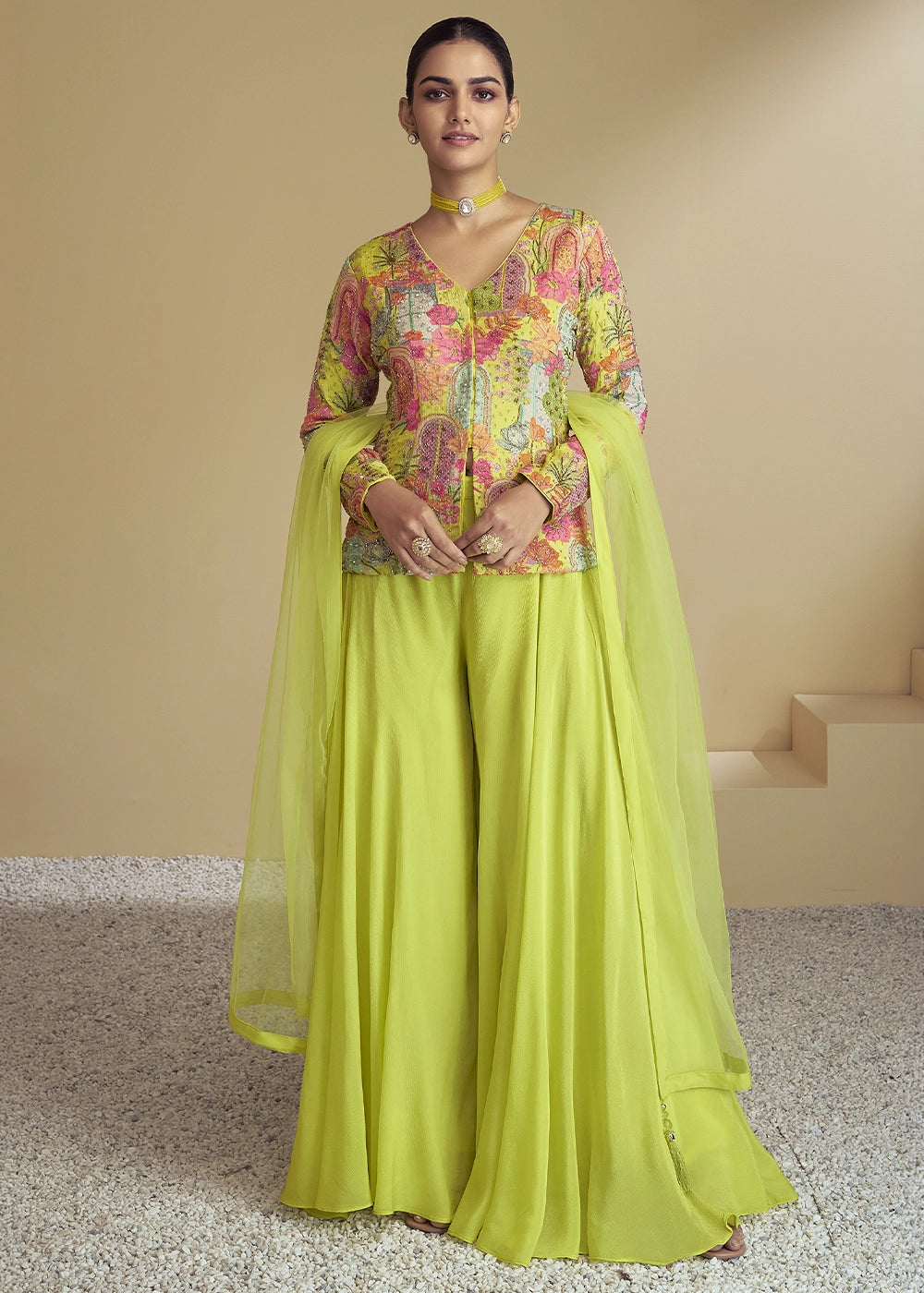 Lime Green Chinon Silk Palazzo Suit with Floral Print & Embroidery