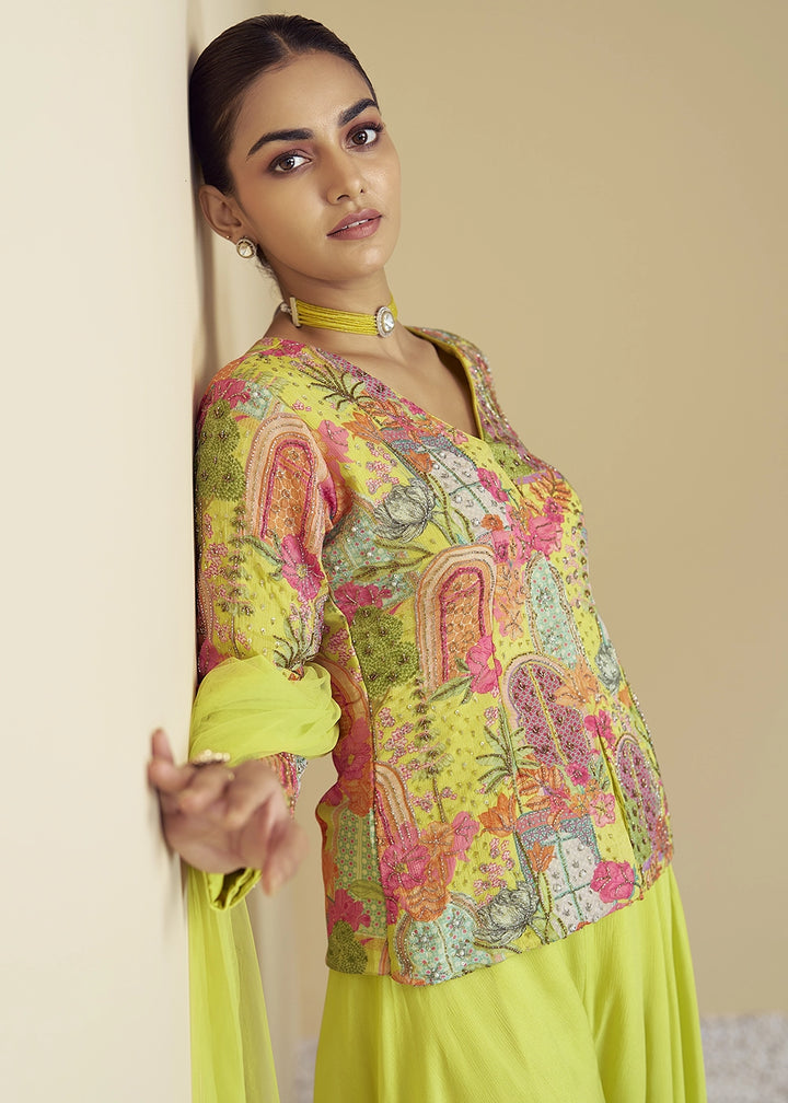 Lime Green Chinon Silk Palazzo Suit with Floral Print & Embroidery