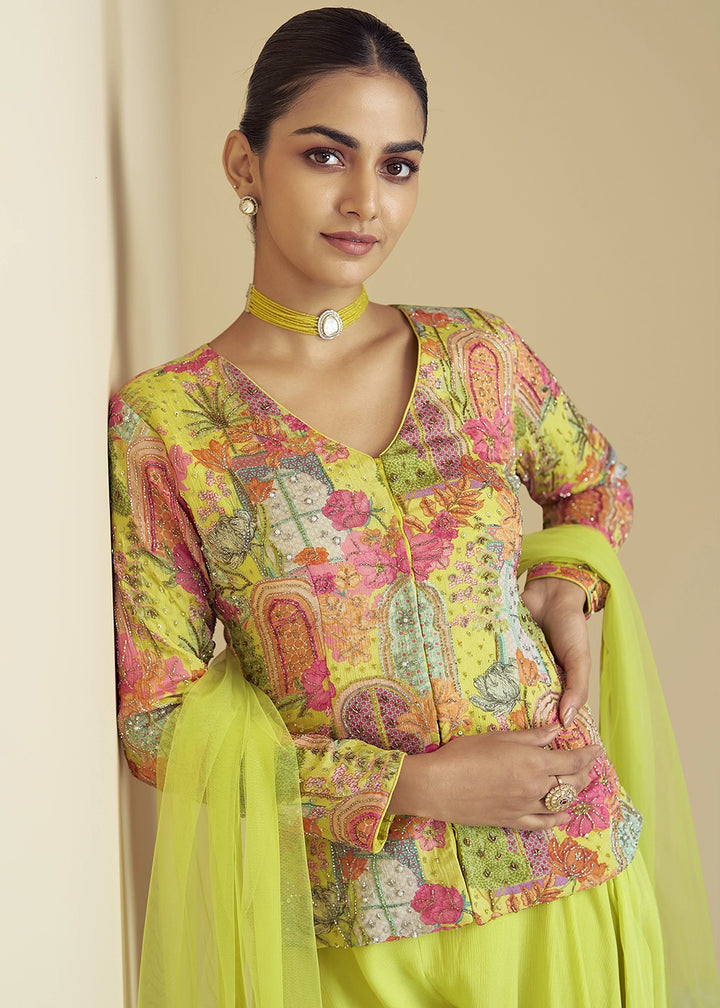 Lime Green Chinon Silk Palazzo Suit with Floral Print & Embroidery