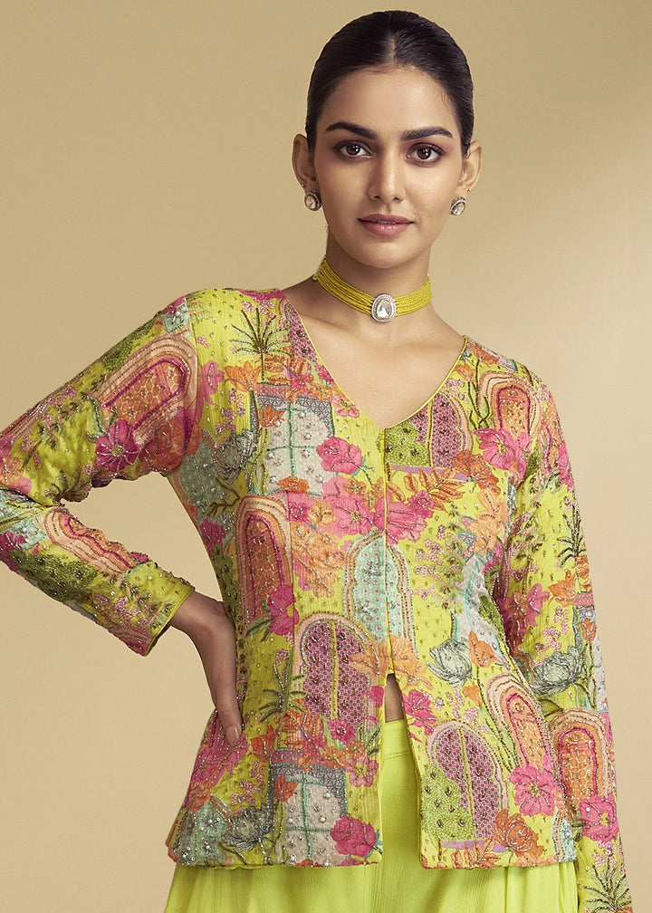 Lime Green Chinon Silk Palazzo Suit with Floral Print & Embroidery