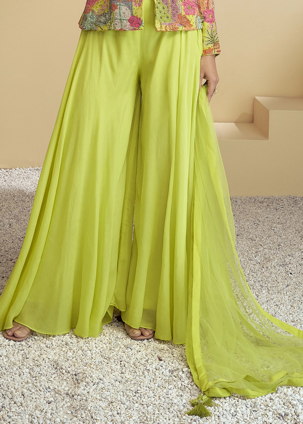 Lime Green Chinon Silk Palazzo Suit with Floral Print & Embroidery