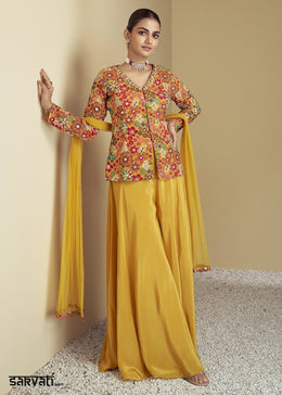 Yellow Orange Chinon Silk Palazzo Suit with Floral Print & Embroidery