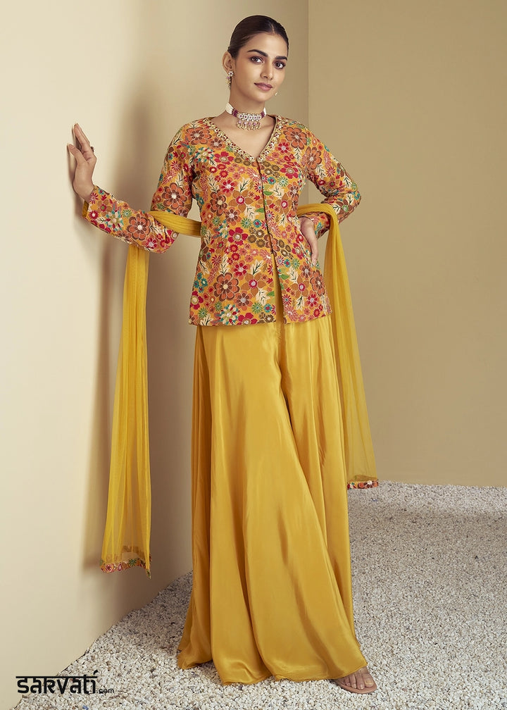 Yellow Orange Chinon Silk Palazzo Suit with Floral Print & Embroidery