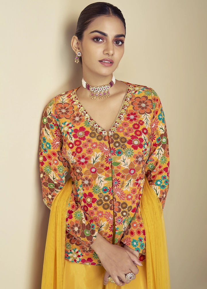Yellow Orange Chinon Silk Palazzo Suit with Floral Print & Embroidery