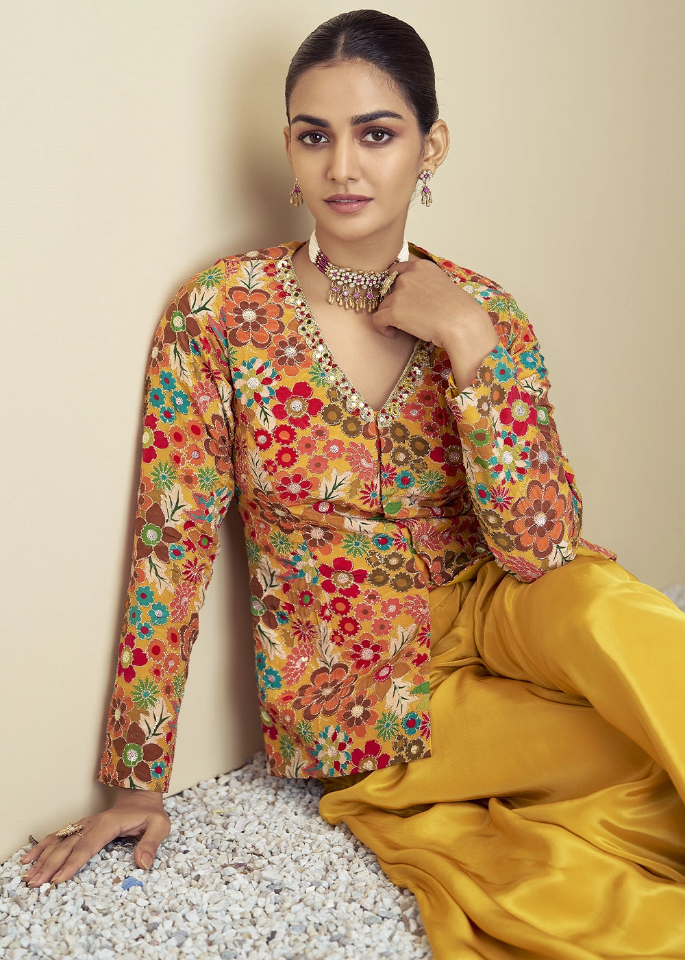 Yellow Orange Chinon Silk Palazzo Suit with Floral Print & Embroidery