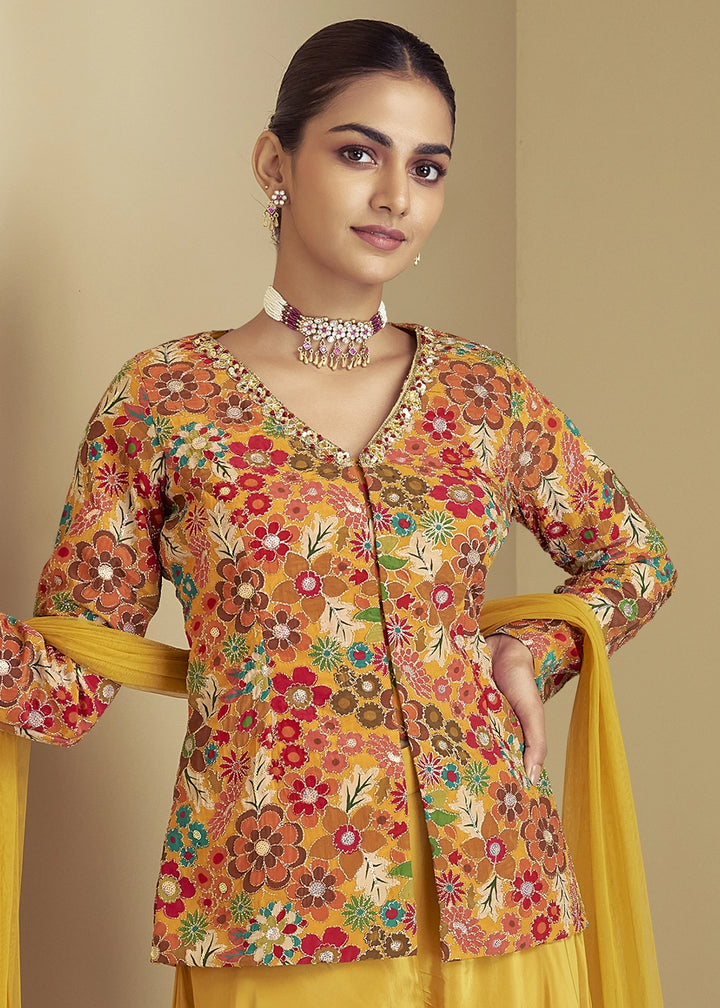 Yellow Orange Chinon Silk Palazzo Suit with Floral Print & Embroidery