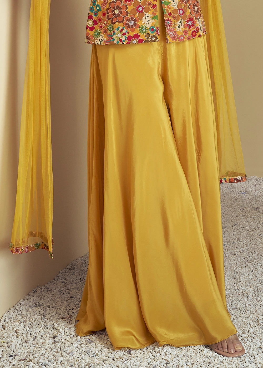 Yellow Orange Chinon Silk Palazzo Suit with Floral Print & Embroidery
