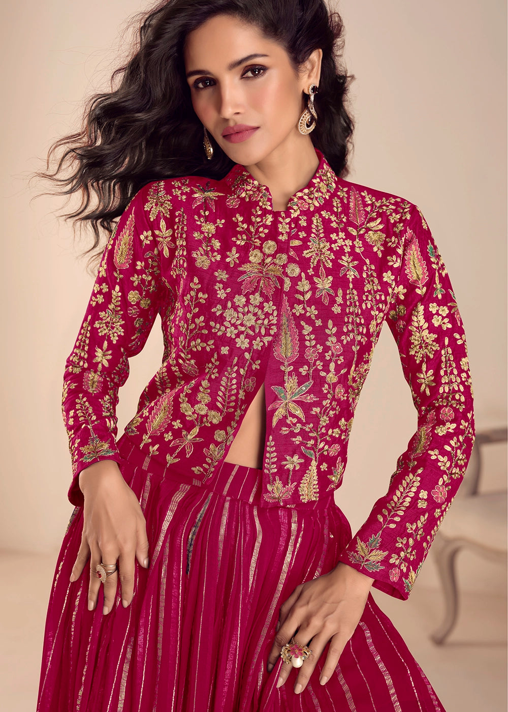 Hot Pink Silk Top and Skirt Set with Intricate Floral Work
