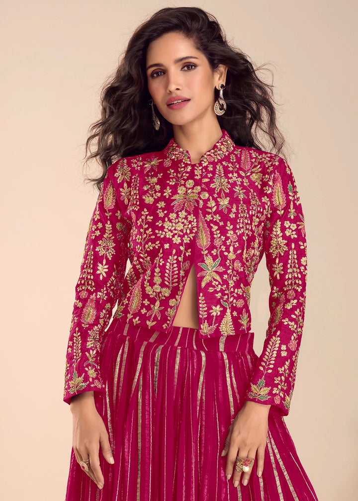 Hot Pink Silk Top and Skirt Set with Intricate Floral Work