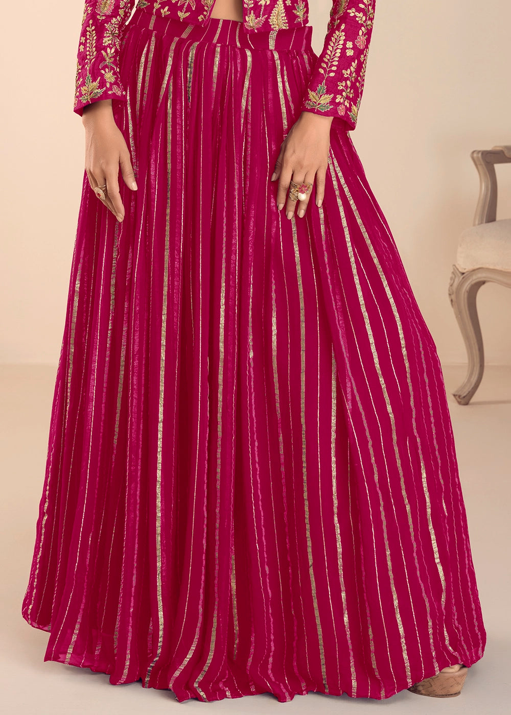 Hot Pink Silk Top and Skirt Set with Intricate Floral Work