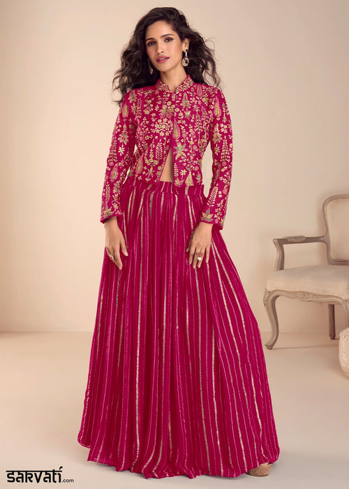 Hot Pink Silk Top and Skirt Set with Intricate Floral Work