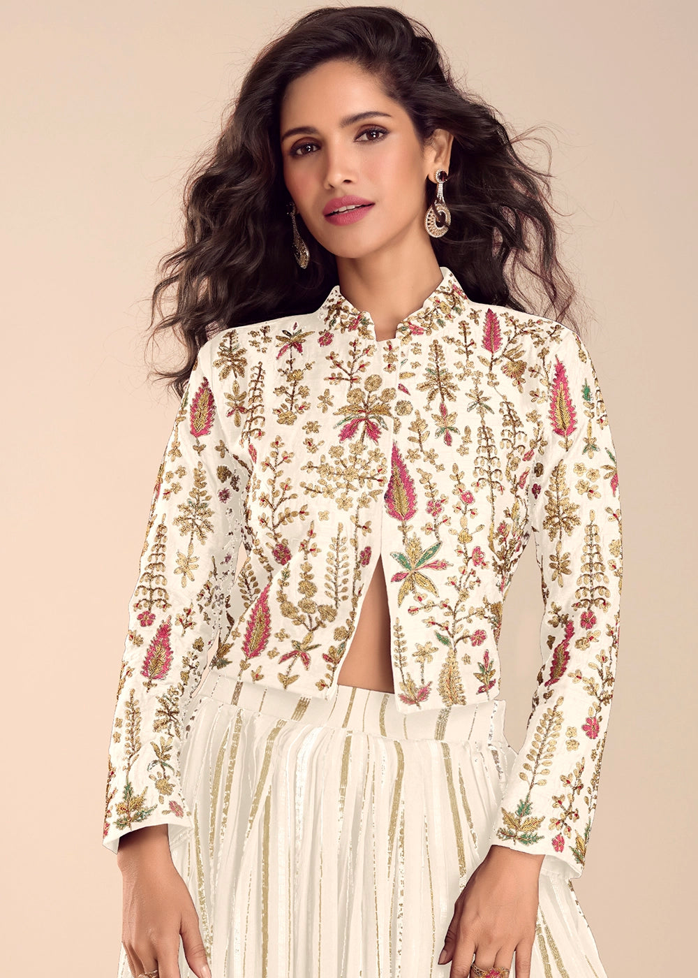 Cream White Silk Top and Skirt Set with Intricate Floral Work