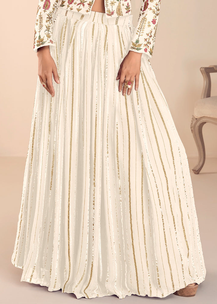 Cream White Silk Top and Skirt Set with Intricate Floral Work