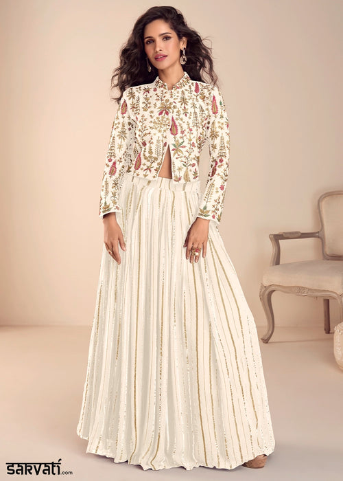 Cream White Silk Top and Skirt Set with Intricate Floral Work